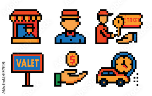 Ticketing and valet pixel art icons set – isometric, linear payment symbols