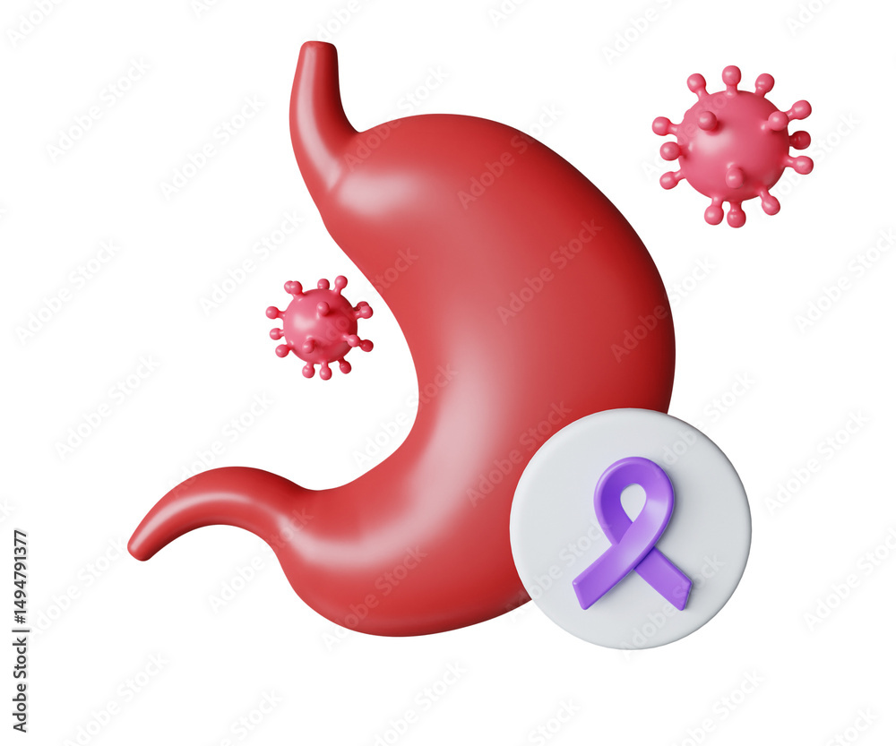 Obraz premium Stomach Cancer Awareness with Purple Ribbon. World Cancer Day concept, February 4. Raise awareness, prevention, detection, treatment. Icon design 3d illustration