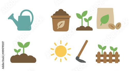 Gardening and plant care icons set: flat, silhouette, growth and cultivation symbols