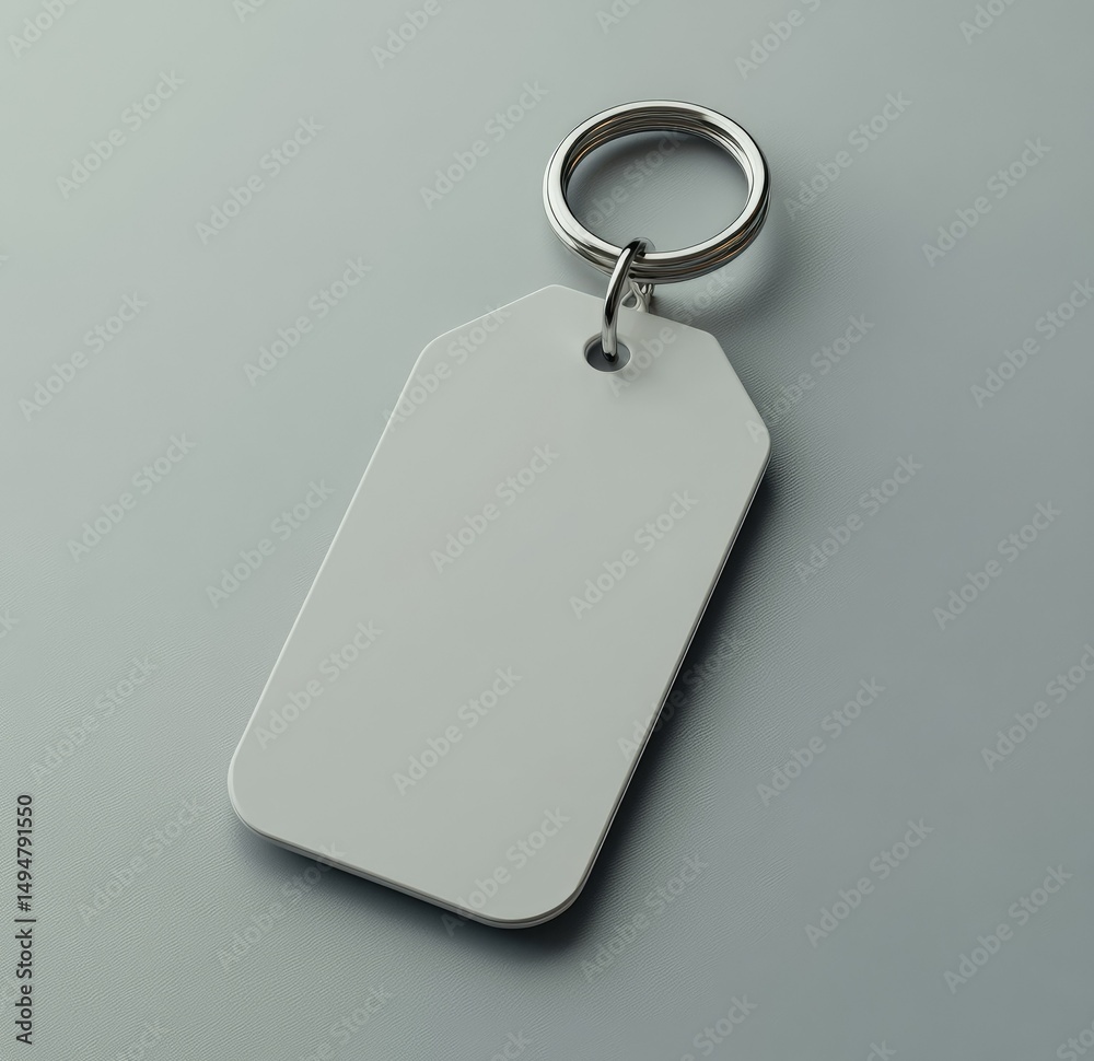 Fototapeta premium Blank white rectangular keychain with metal ring