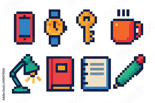 Office and stationery pixel art icons set – outline, linear, workspace essentials