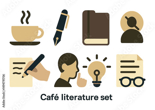 Cafe and literature icons set – flat, filled, book and writing symbols