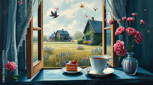 Cozy Spring Morning with White Strawberry Cream Cake and Tea by the Window