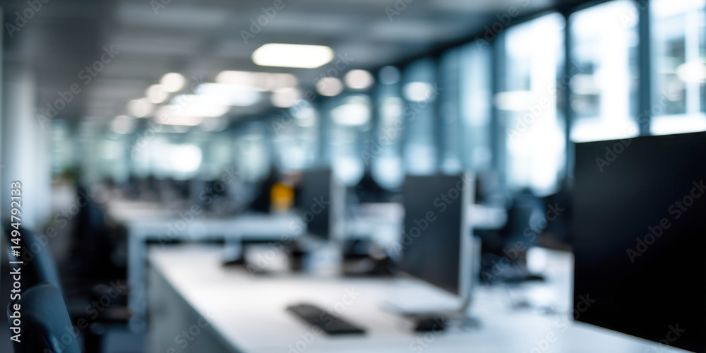 Obraz premium Modern office interior with empty desks and large windows during daylight hours