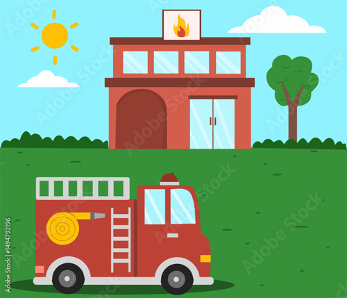 Educational illustration of a fire truck in front of a fire station. Great for teaching about emergency vehicles and community helpers in preschool and kindergarten.