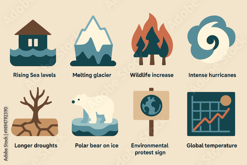 Climate change flat icons set – environment, global warming, ecological symbols