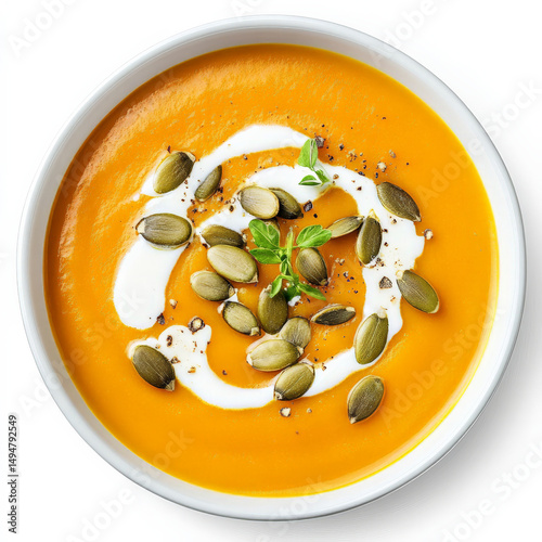 A bowl of hearty butternut squash soup, creamy and velvety in texture, garnished with roasted pumpkin seeds and a drizzle of cream. The soup is rich in flavor and perfect for warming up on a chilly
