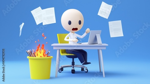 A worried character at a desk with flying papers, a laptop, and a trash bin on fire, symbolizing work stress or office chaos.