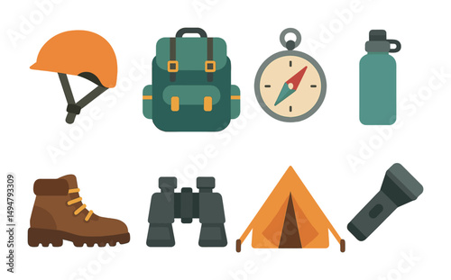 Camping and hiking flat icons set – filled, adventure, outdoor gear symbols