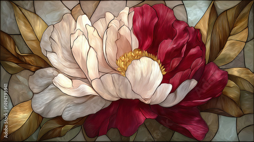 Stained glass abstract burgundy white flower with golden leaves on decorativ light background as wallpaper illustration, Elegant Flower Deco Design