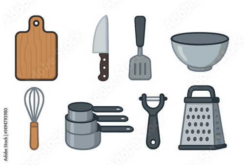 Kitchen tools icons set in flat style – utensils, cookware, cooking symbols