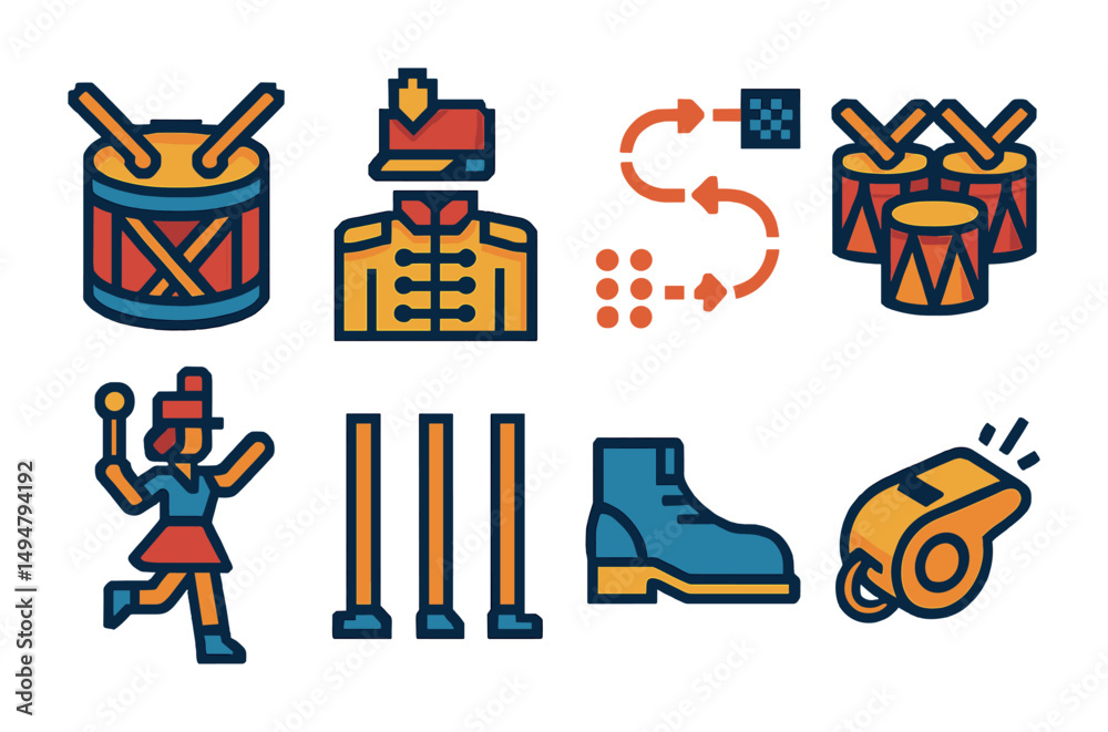 Marching band outline icons set – filled, flat, music and parade symbols