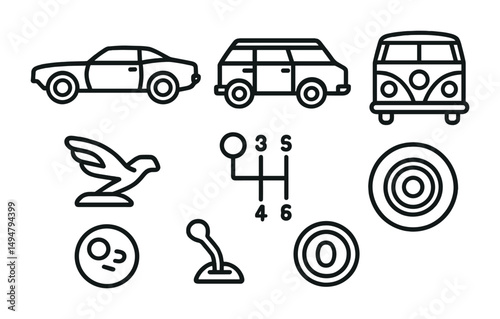 Automotive and transport outline icons set – classic, car, vehicle and travel illustrations