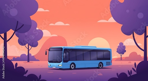 Blue bus journey amidst trees at sunset