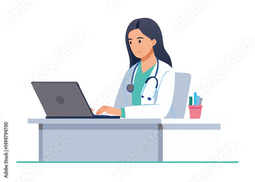 Female doctor physician in medical office typing on laptop. Hospital staff at work. Healthcare and medicine concept. Vector illustration