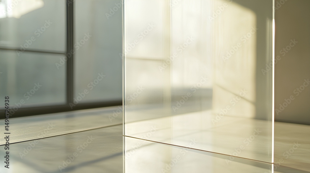 Fototapeta premium See-through plastic or acrylic panel. Crystal clear glass sheet. Realistic reflection and glare on a transparent surface, ideal for mockups and design projects. 