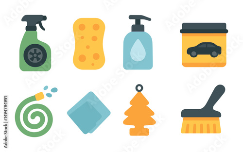Car cleaning flat icons set – vehicle, wash, auto maintenance symbols