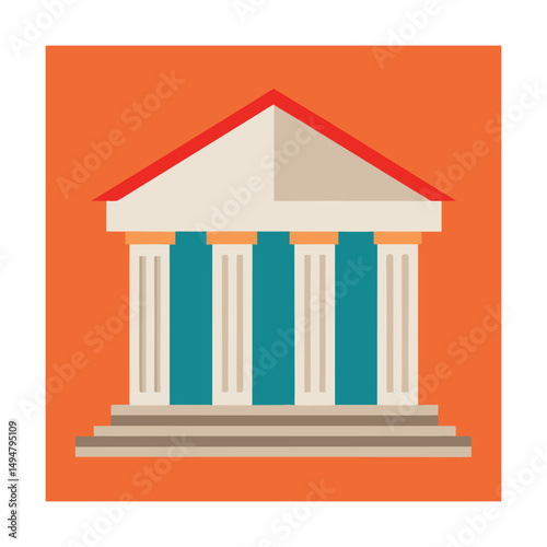 Simplified vector illustration of a building with columns and red roof on orange background