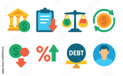 Financial and economy flat icons set – money, investment, banking symbols