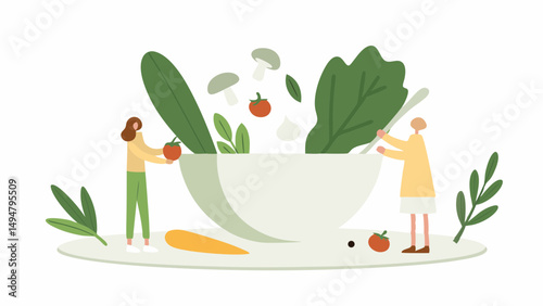 Two people preparing a large salad with various vegetables and greens in a big white bowl together