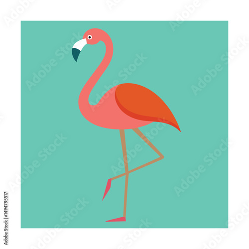 Simple illustration of a flamingo in flat design standing on one leg with teal background
