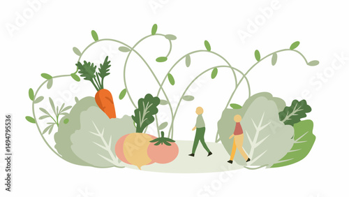 Illustration of a vegetable garden with two figures walking among the plants and vegetables around them