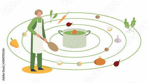 Person in apron stirring pot surrounded by vegetables in circular orbits resembling a solar system