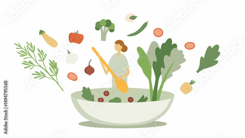Illustration of a woman preparing a salad with various vegetables and ingredients in a large white bowl