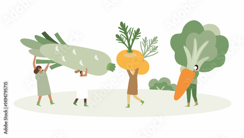Illustration of people carrying large vegetables including leek turnip and carrot with broccoli head