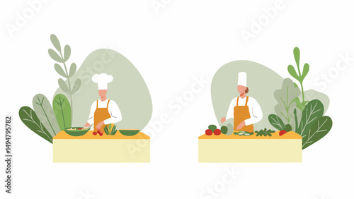 Two chefs preparing food at separate stations surrounded by leafy plants in a light and airy setting