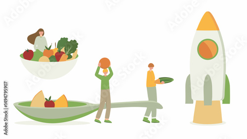 Illustration showing people balancing food on a spoon seesaw with a rocket in the background design