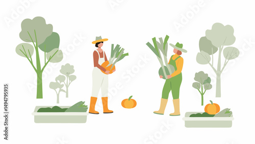 Two farmers harvesting leeks and pumpkins in a field with trees on a white background illustration