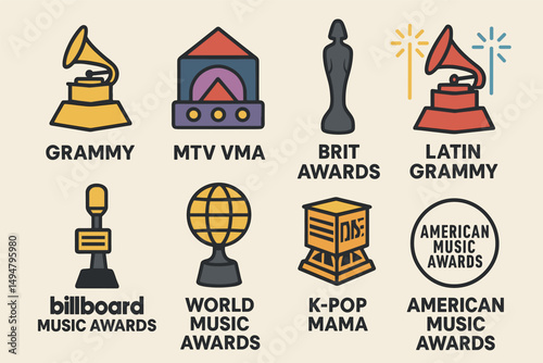 Music awards icons set – flat, outline, trophy and achievement symbols