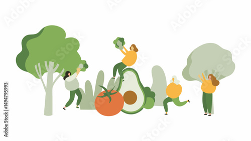 Illustration showing people interacting with large vegetables like tomato avocado and broccoli trees