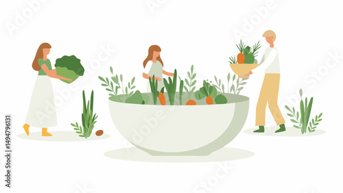 Three people harvesting vegetables into a large bowl surrounded by greenery on a white background