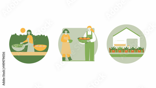Three scenes depicting harvesting crops, sharing produce and a greenhouse with plants, all in circles