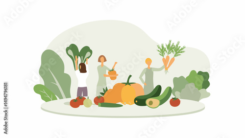 People harvesting fresh vegetables including tomatoes carrots and pumpkins in a farm setting illustration