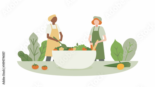 Two people preparing a salad in a large bowl with fresh vegetables and greenery in a bright setting