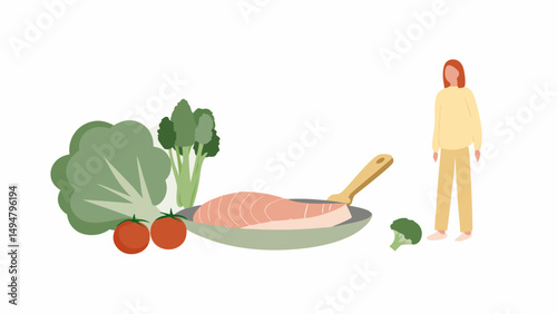 Illustration of a woman standing near a pan with salmon, accompanied by broccoli and tomatoes around it