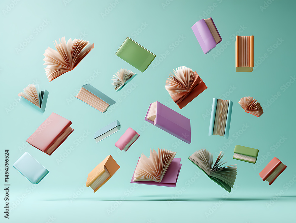 Open Books Flying and Falling on Pastel Colored Surface  