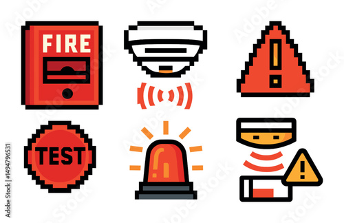 Emergency warning pixel art icons set – safety, alert, and hazard symbols