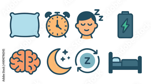 Sleep and relaxation flat icons set – wellness, rest, sleep cycle graphics