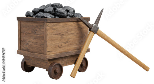 Isolated Wooden Mine Cart Full of Coal with Pickaxe