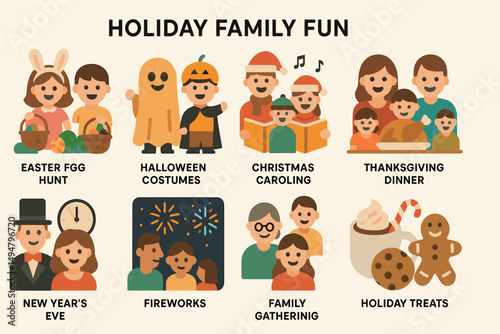 Holiday family fun icons set - flat, festive celebration and seasonal symbols