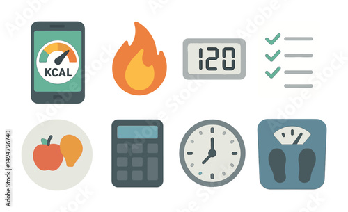 Health and fitness flat icons set – wellness, exercise, and nutrition symbols