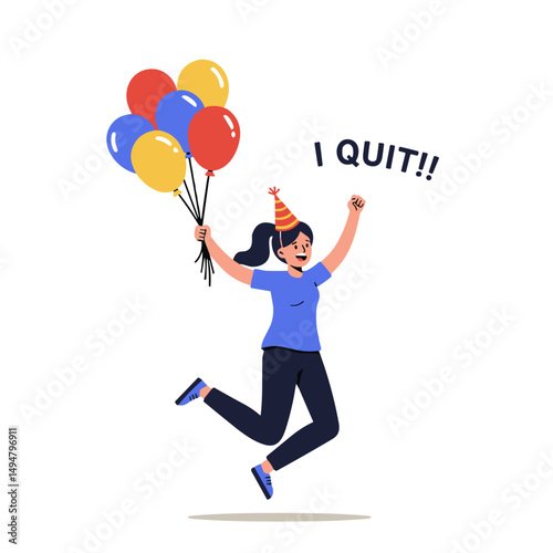 Young woman celebrating with balloons while joyfully quitting job  