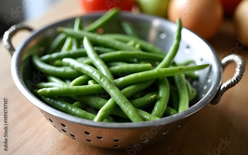 Green beans in a colander. Boiled or blanched vegetables on a table. High quality