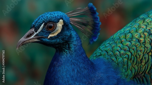 An enormous peacock displaying its iridescent feathers in soft morning light, ultra-detailed avian close-up