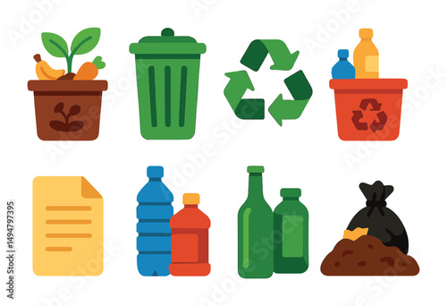 Recycling and waste management icons set – flat, filled, eco-friendly symbols