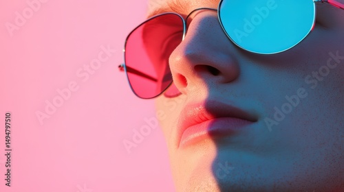 Cool shades and Neon Glow: Close-up portrait of a young woman's face wearing stylish round sunglasses with contrasting red and blue lenses, set against a vibrant neon pink background.